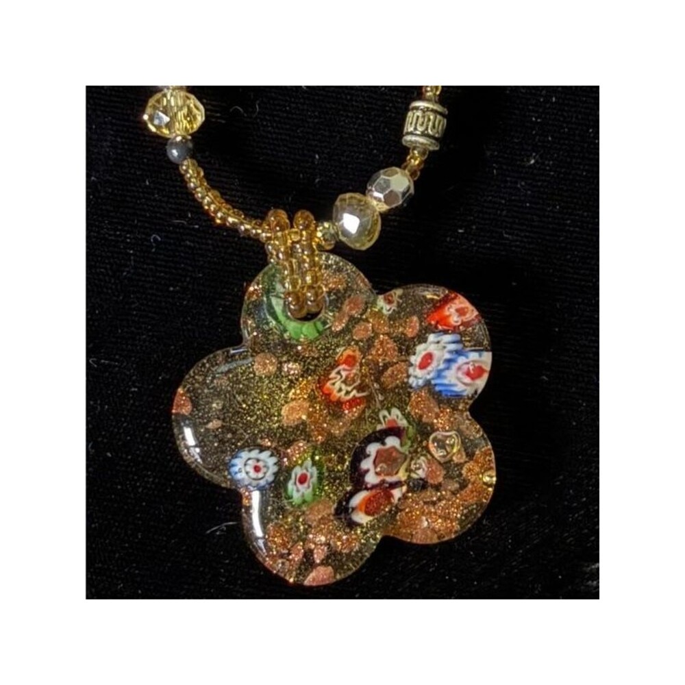 Millefiori Glass Flower Pendant Necklace, Beaded 16"